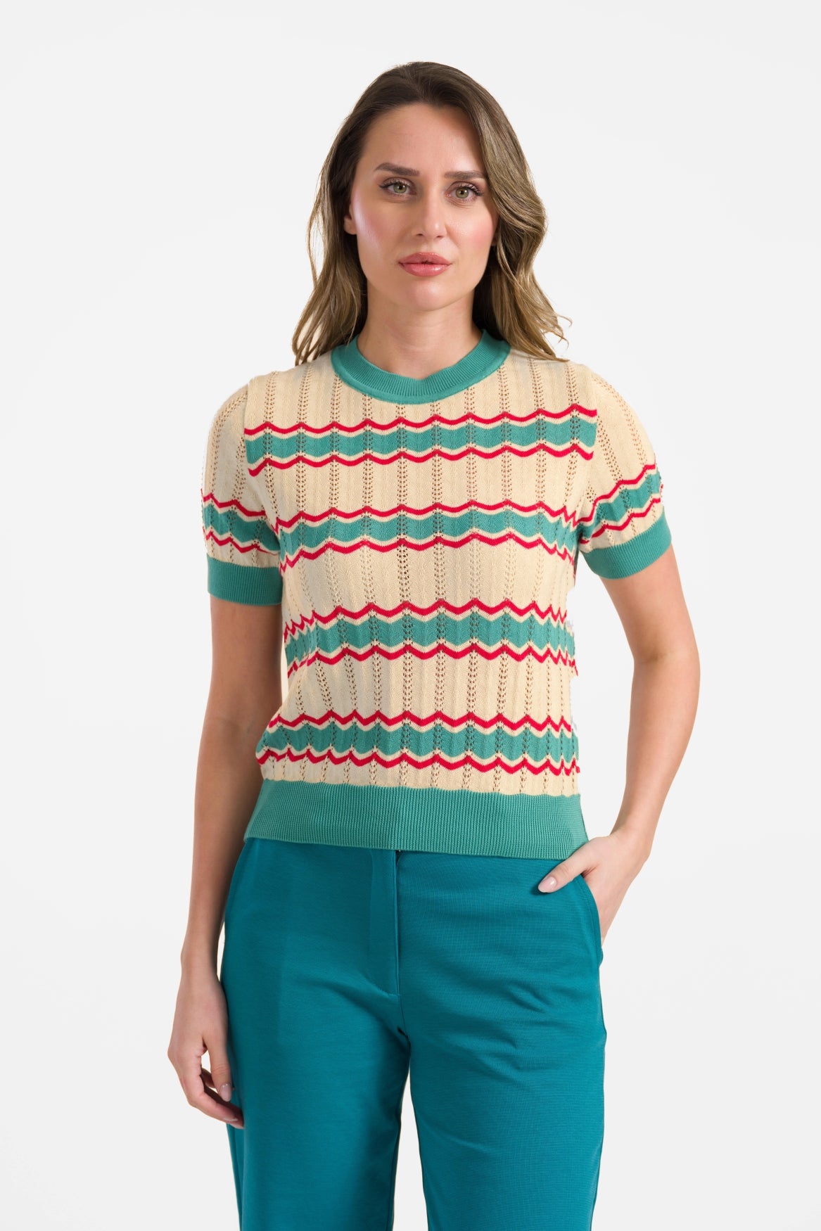 Strickpullover mit Rundhalsausschnitt und kurzen Ärmeln | Creme