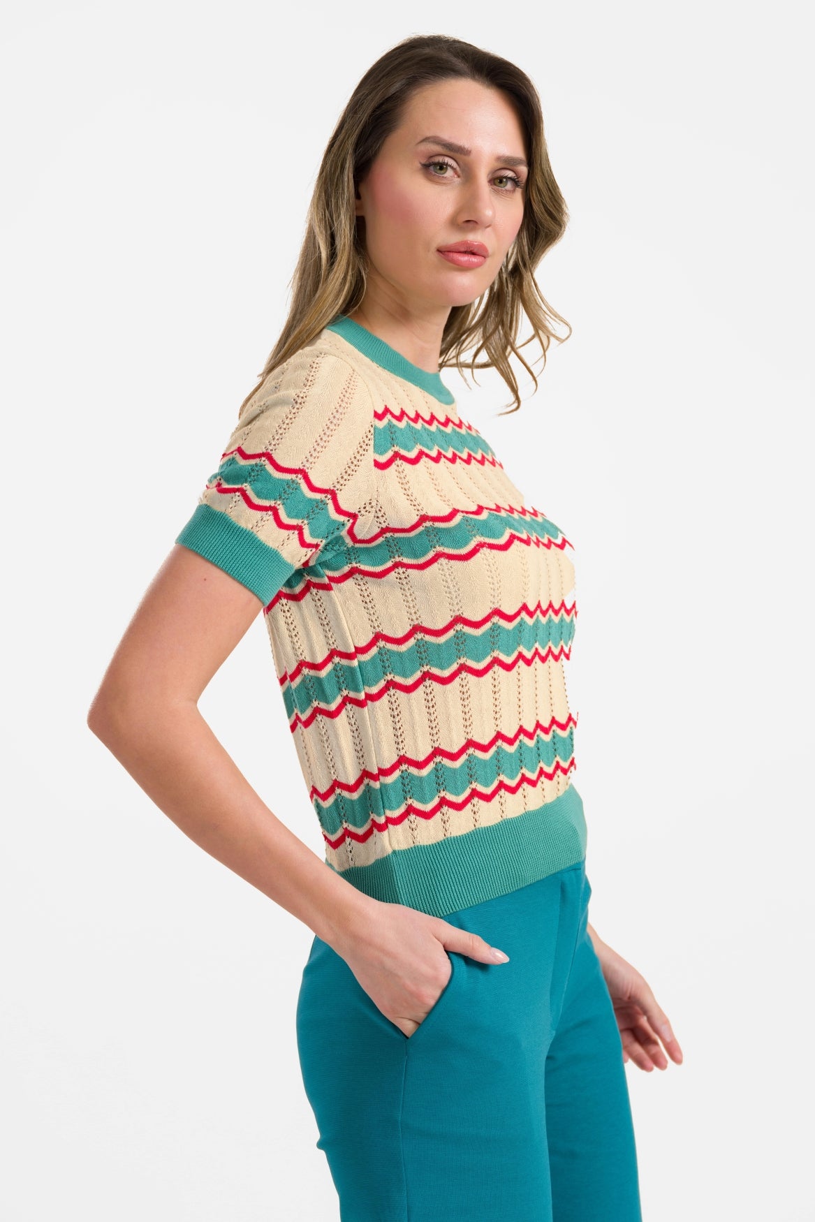 Strickpullover mit Rundhalsausschnitt und kurzen Ärmeln | Creme