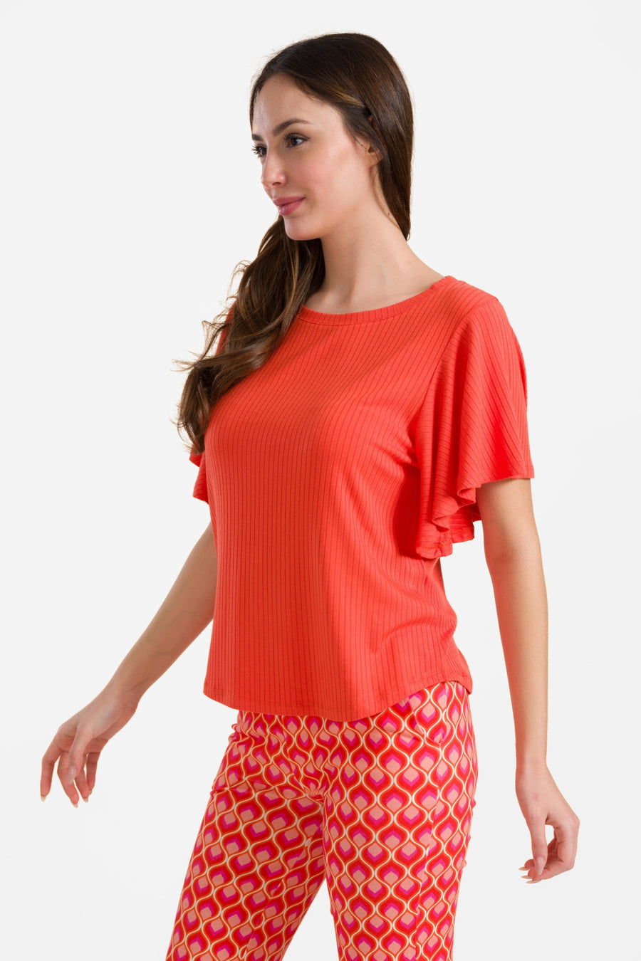 Sophie top met korte vlindermouwen | Rib Oranje Rood