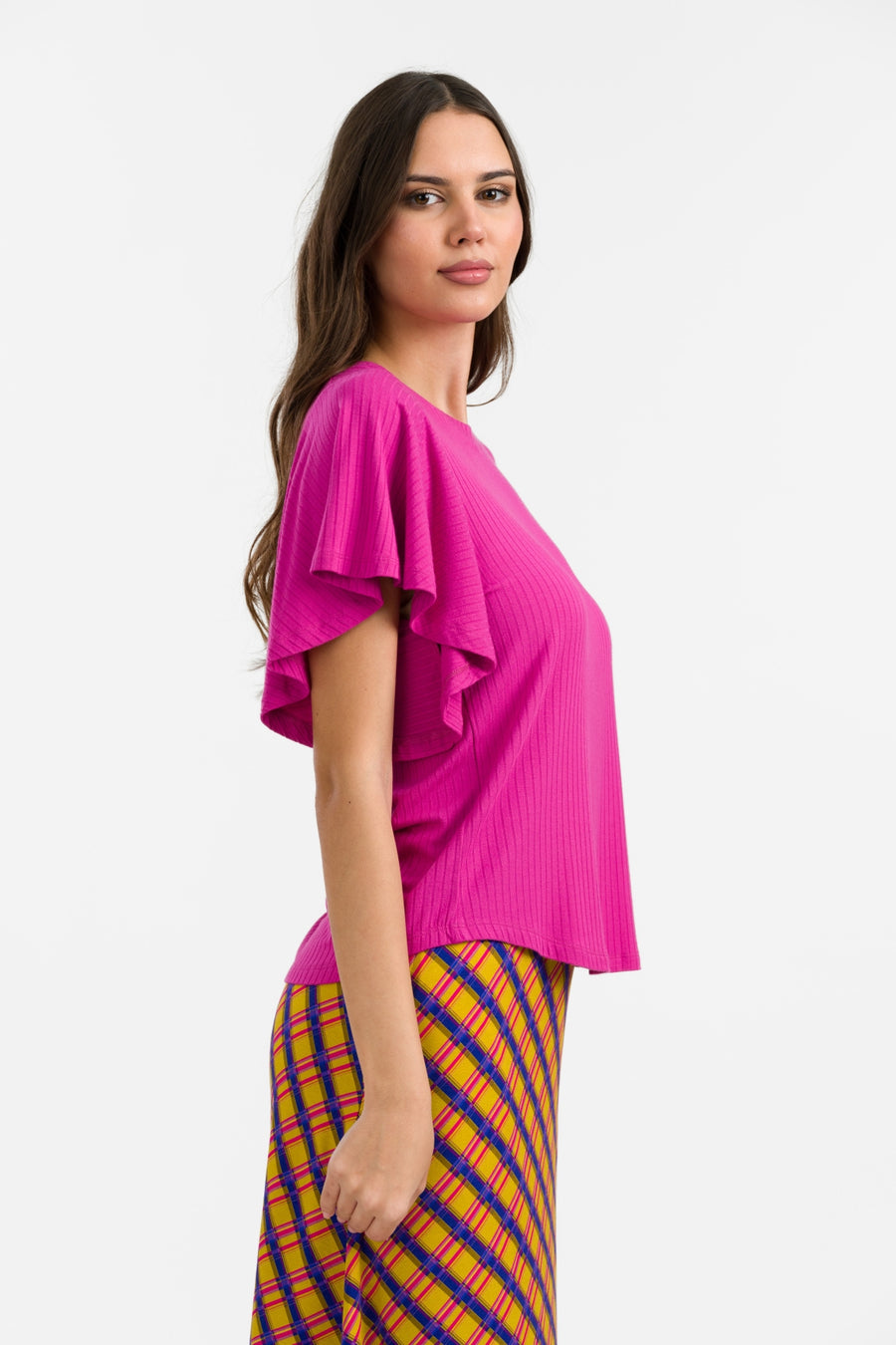 Sophie Top Short Butterfly Sleeve | Rib Fuchsia