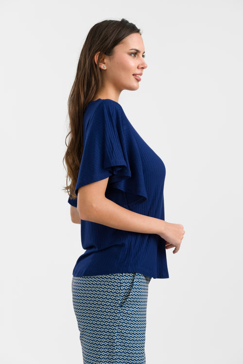Sophie Top Short Butterfly Sleeve | Rib Navy