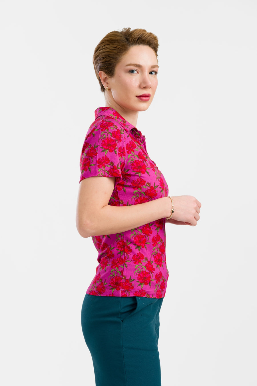 Suzy Top Short Sleeve | Fuchsia Flowers