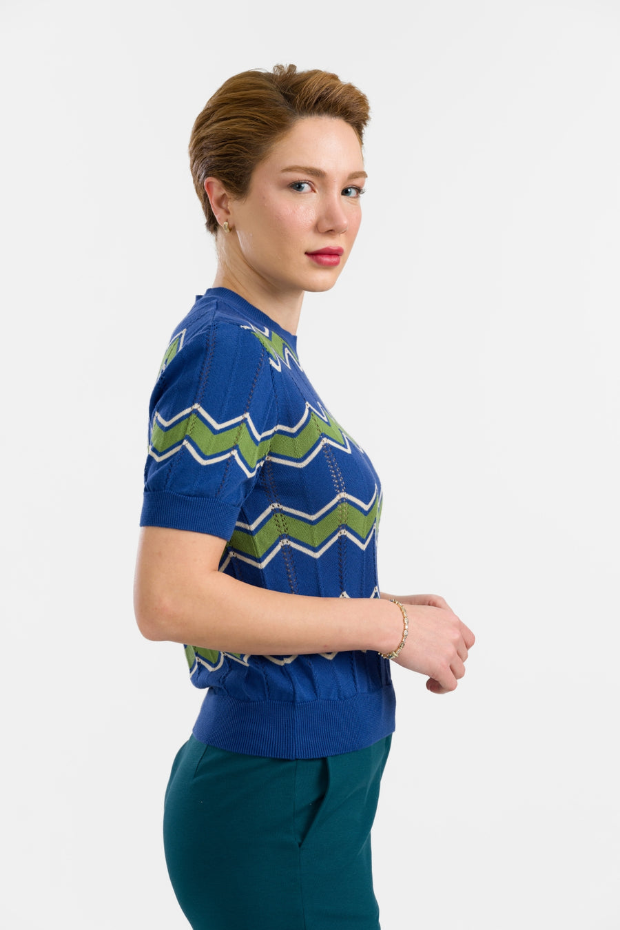 Gebreide trui met ronde hals en korte mouwen | Zigzagblauw