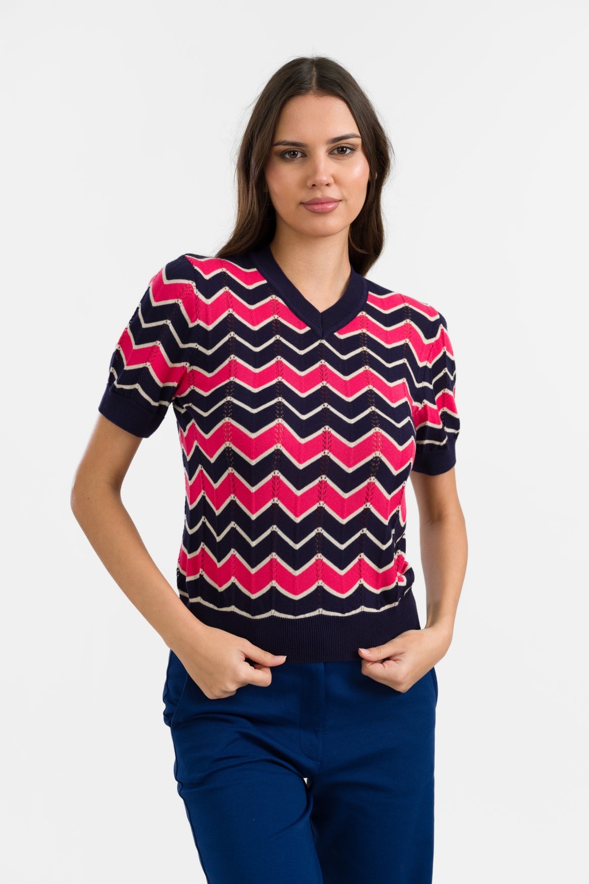 Gebreide trui met V-hals en korte mouwen | Zigzag marineblauw