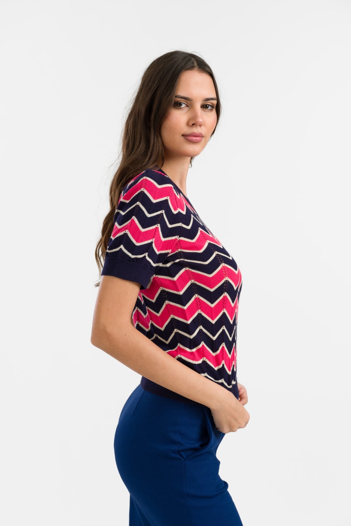 Gebreide trui met V-hals en korte mouwen | Zigzag marineblauw