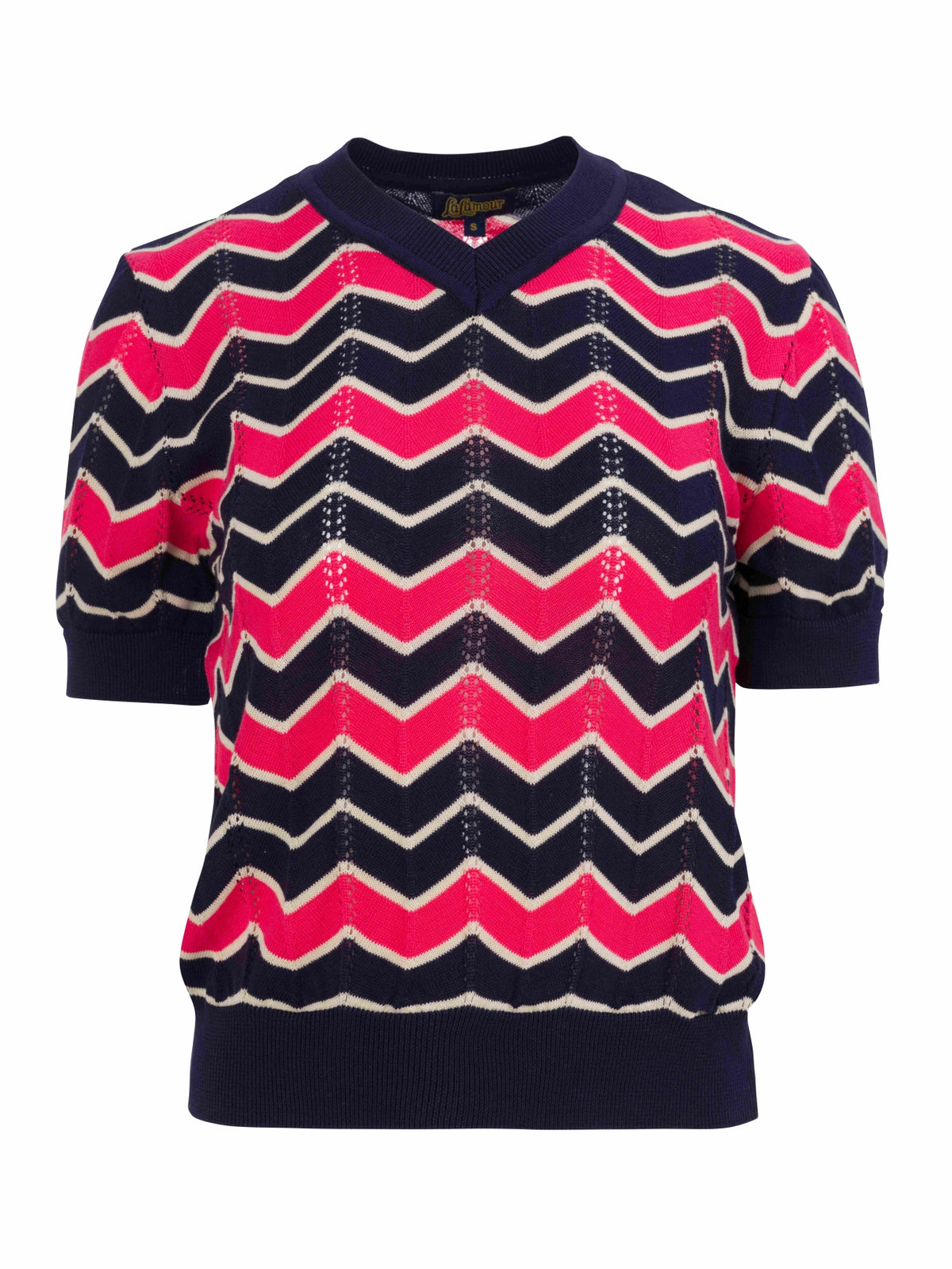 Gebreide trui met V-hals en korte mouwen | Zigzag marineblauw