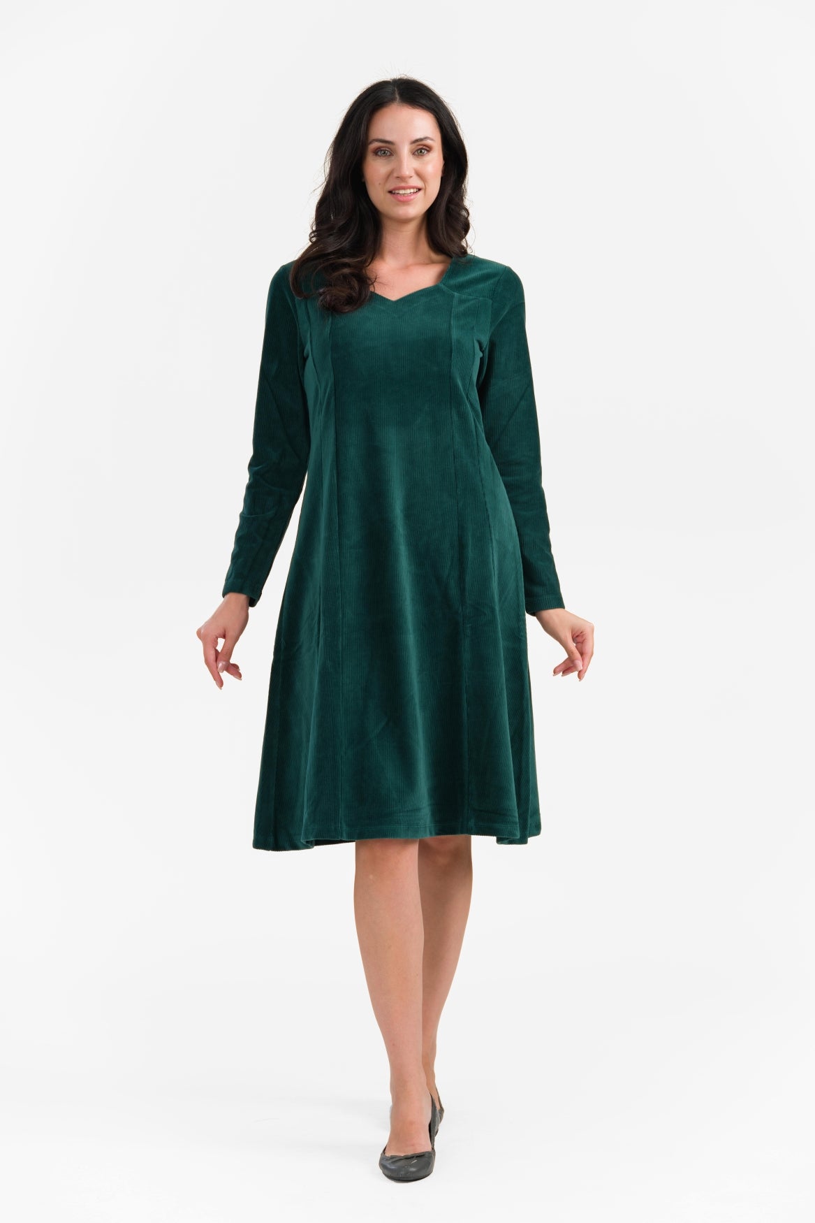 Sandra Dress | Rib Velour Plain Rain Forest
