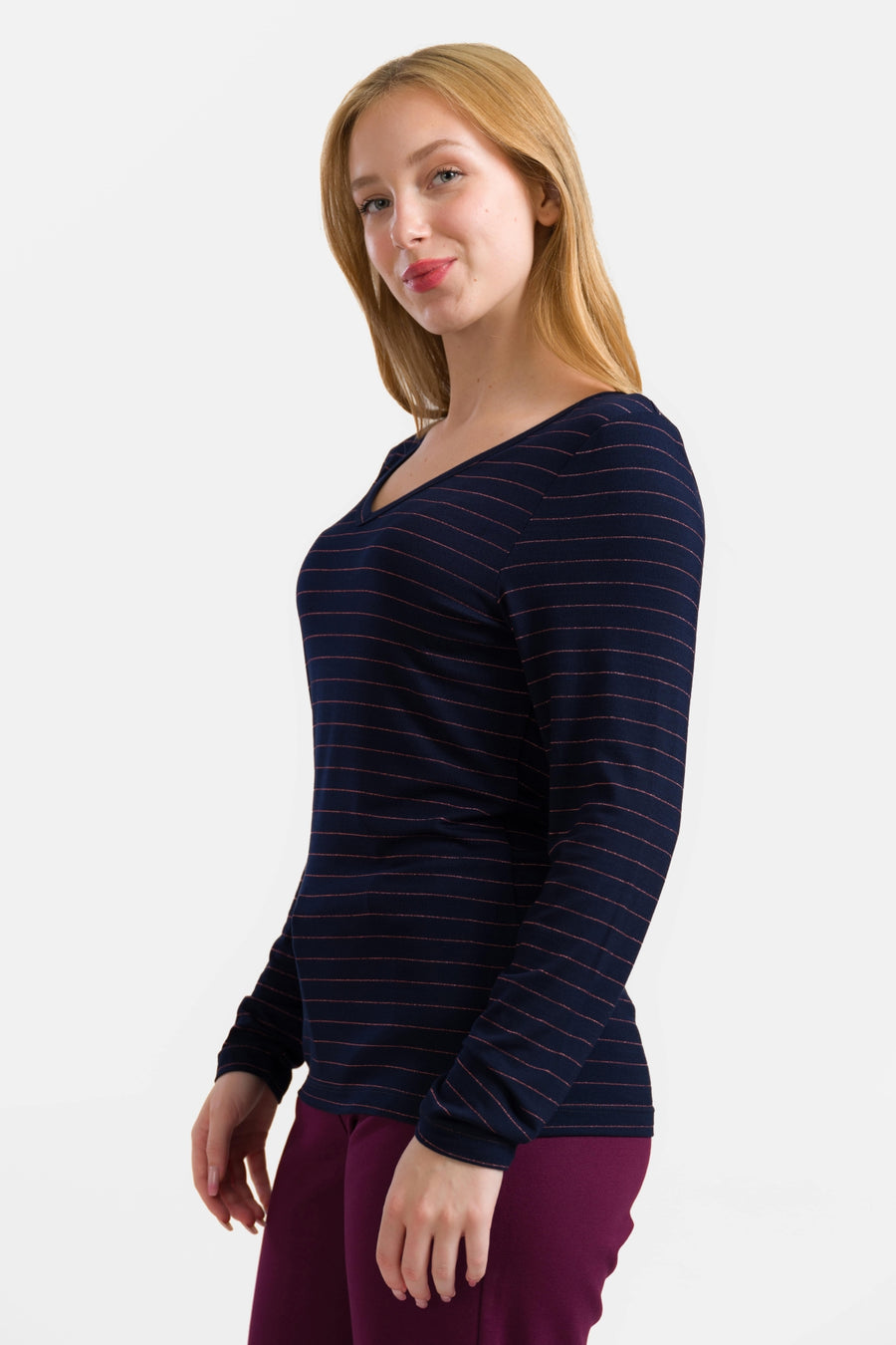 Lynn Top | Gestreift Blau-Lurex Roségold